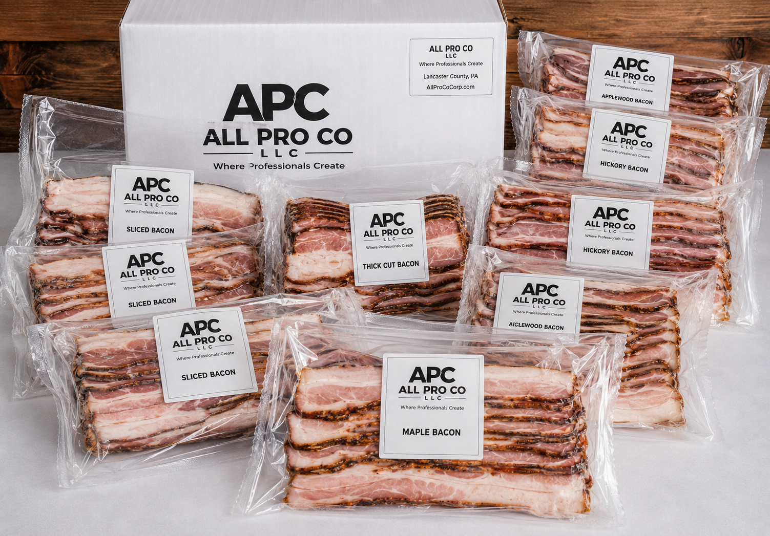 All Pro Co All-Bacon Box — hickory smoked, black pepper, maple, sugar cured, peppered, honey cured, thick cut, Canadian, turkey, cherrywood thick cut bacon, and smoked pork belly, individually vacuum-sealed and labeled