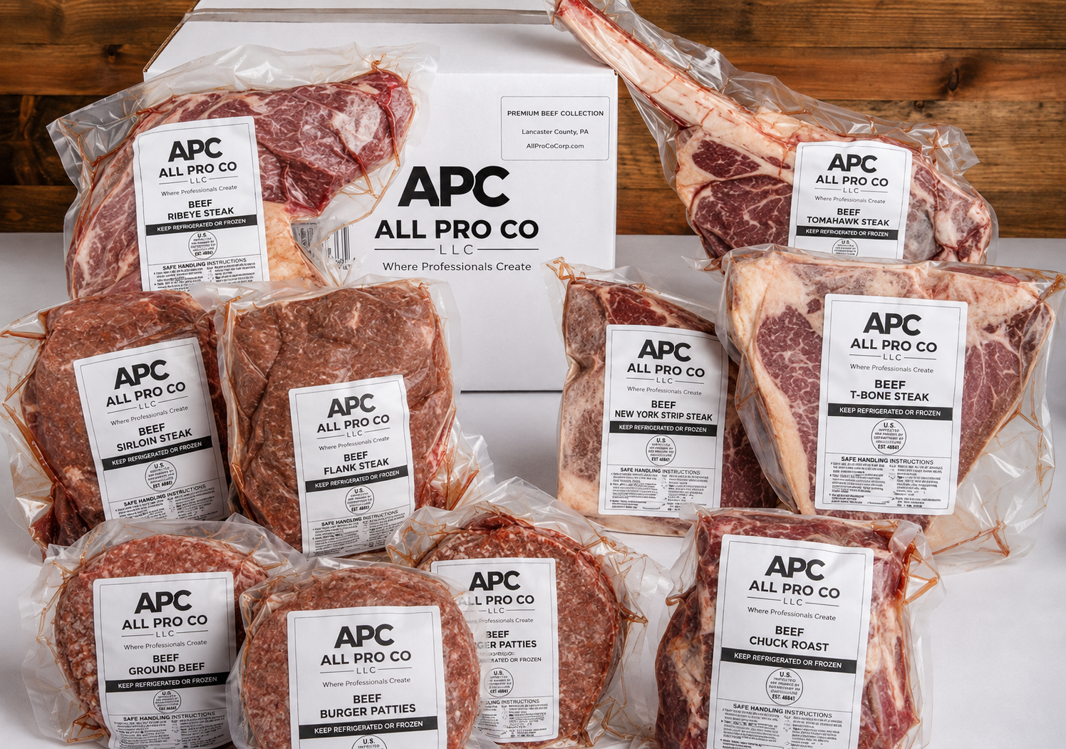 All Pro Co Backyard Grill Box — tomahawk, T-bone, and porterhouse steaks, chuck roast, stew meat, burger patties, sirloin, and ground beef, individually vacuum-sealed and labeled