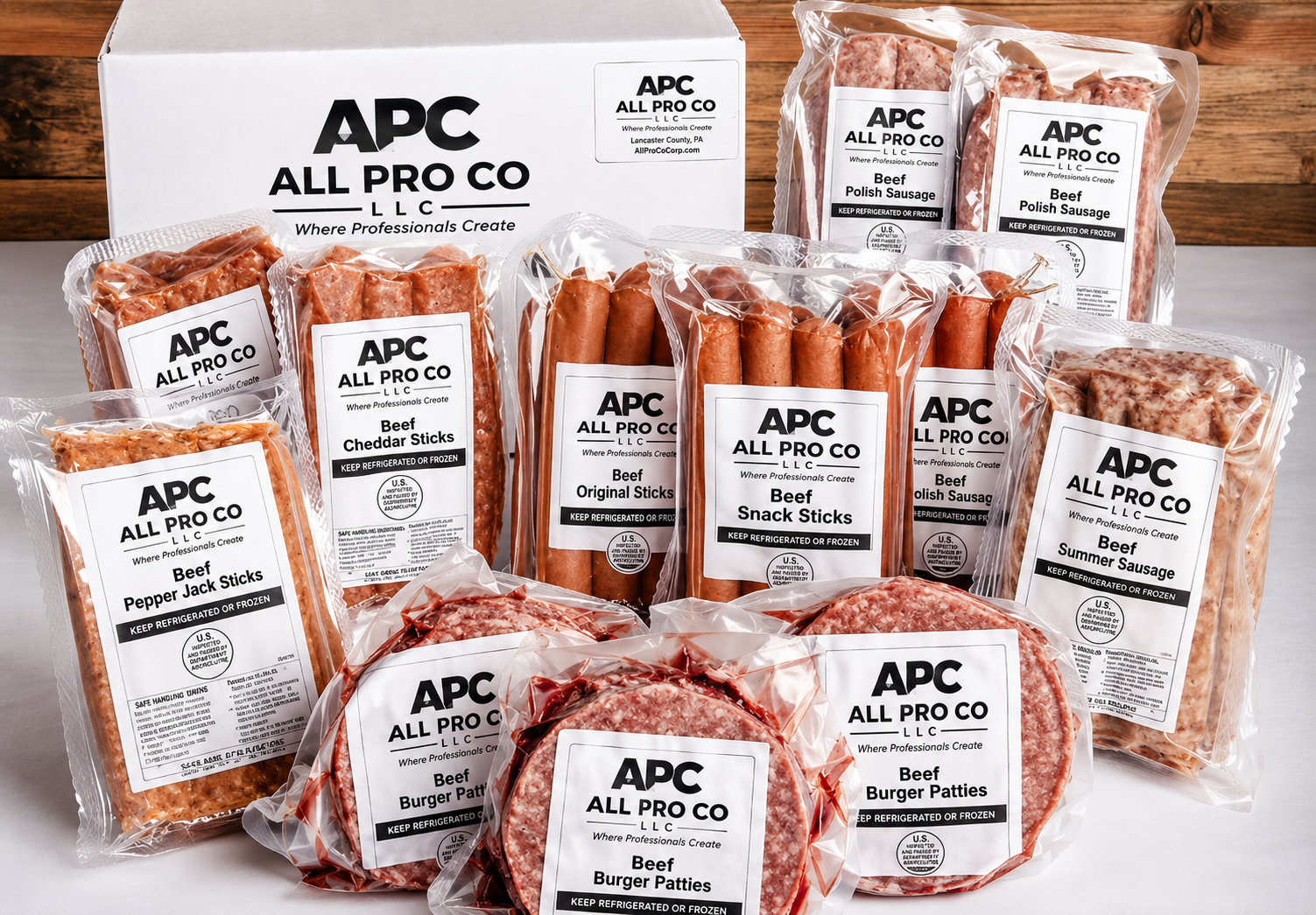 All Pro Co Burgers & Dogs Box — burger patties, sweet Italian and jalapeño cheddar grillers, beef hot dogs, breakfast sausage, and smoked sausage, individually vacuum-sealed and labeled