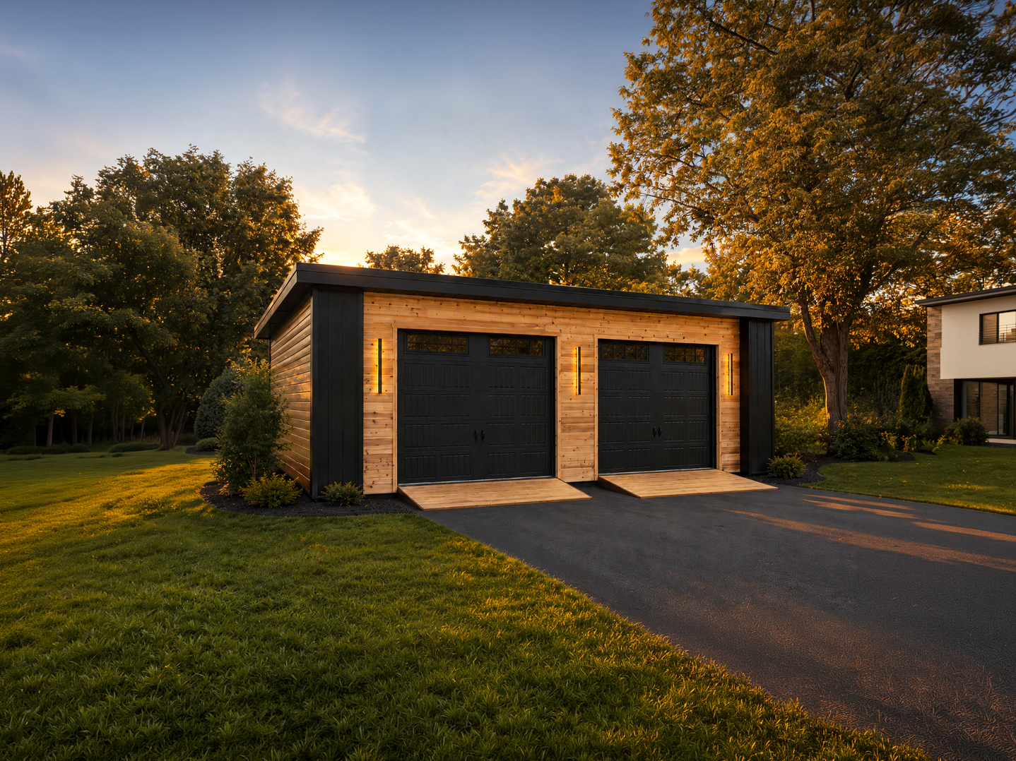 Two-story dark garage with dormer windows and balcony at dusk