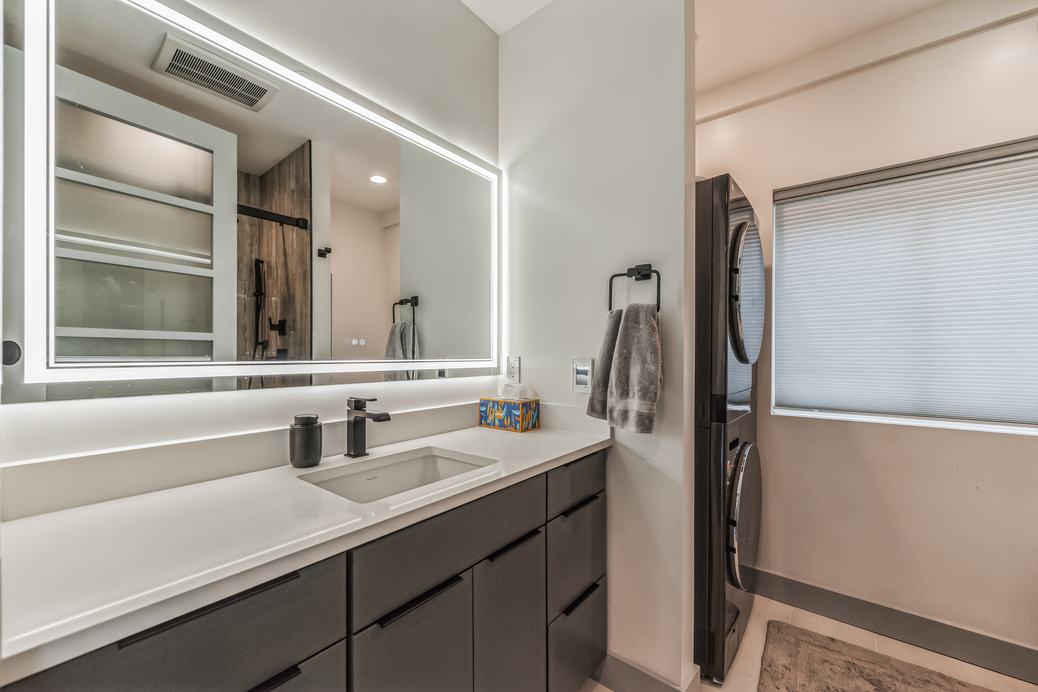 Modern garage loft bathroom with glass shower and vanity