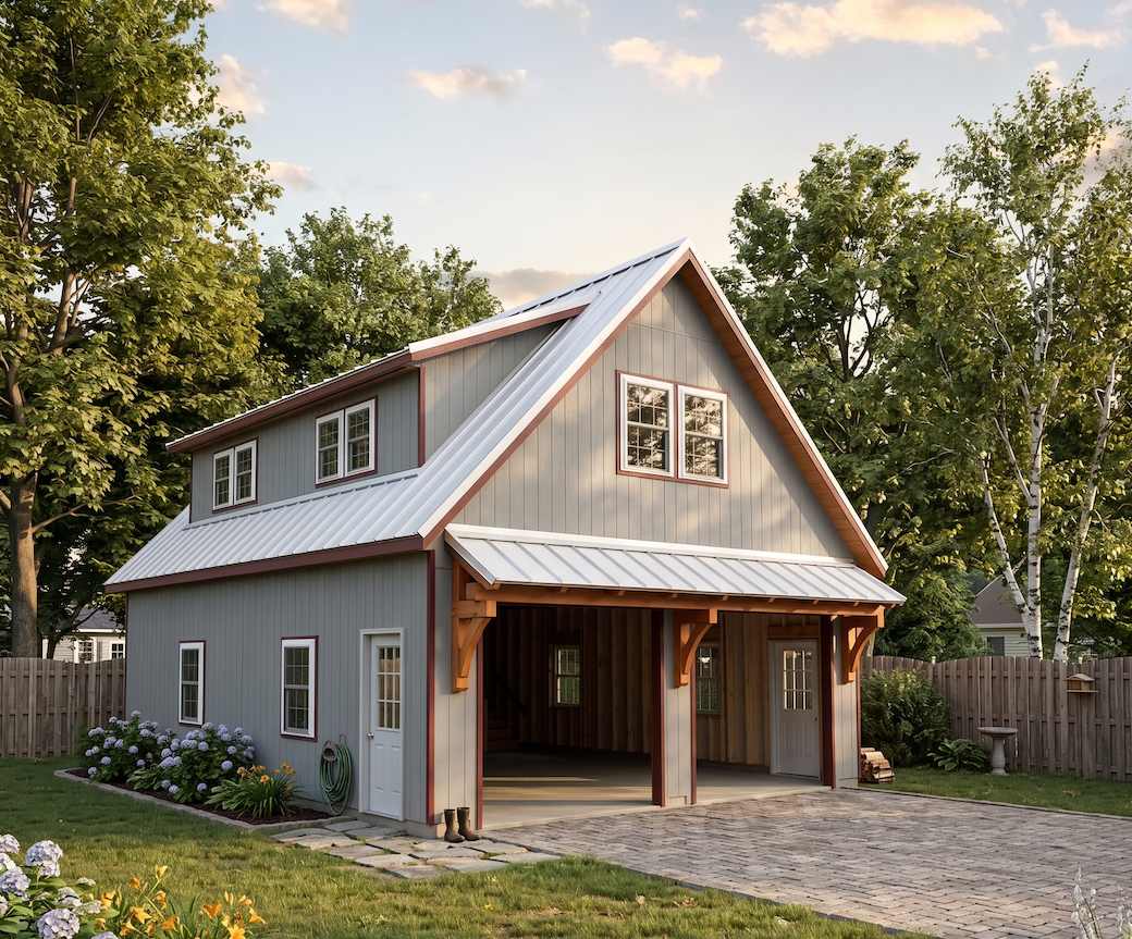 Modern two-story carriage garage with board and batten siding and dormer windows