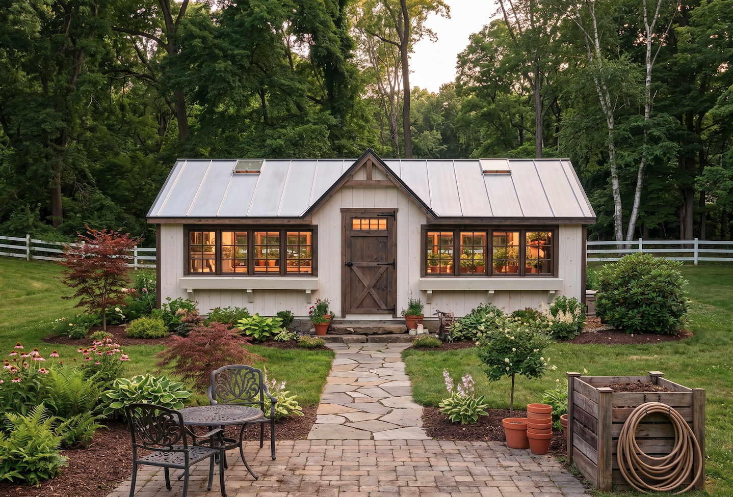 White farmhouse-style greenhouse shed with dark polycarbonate roof and flower boxes