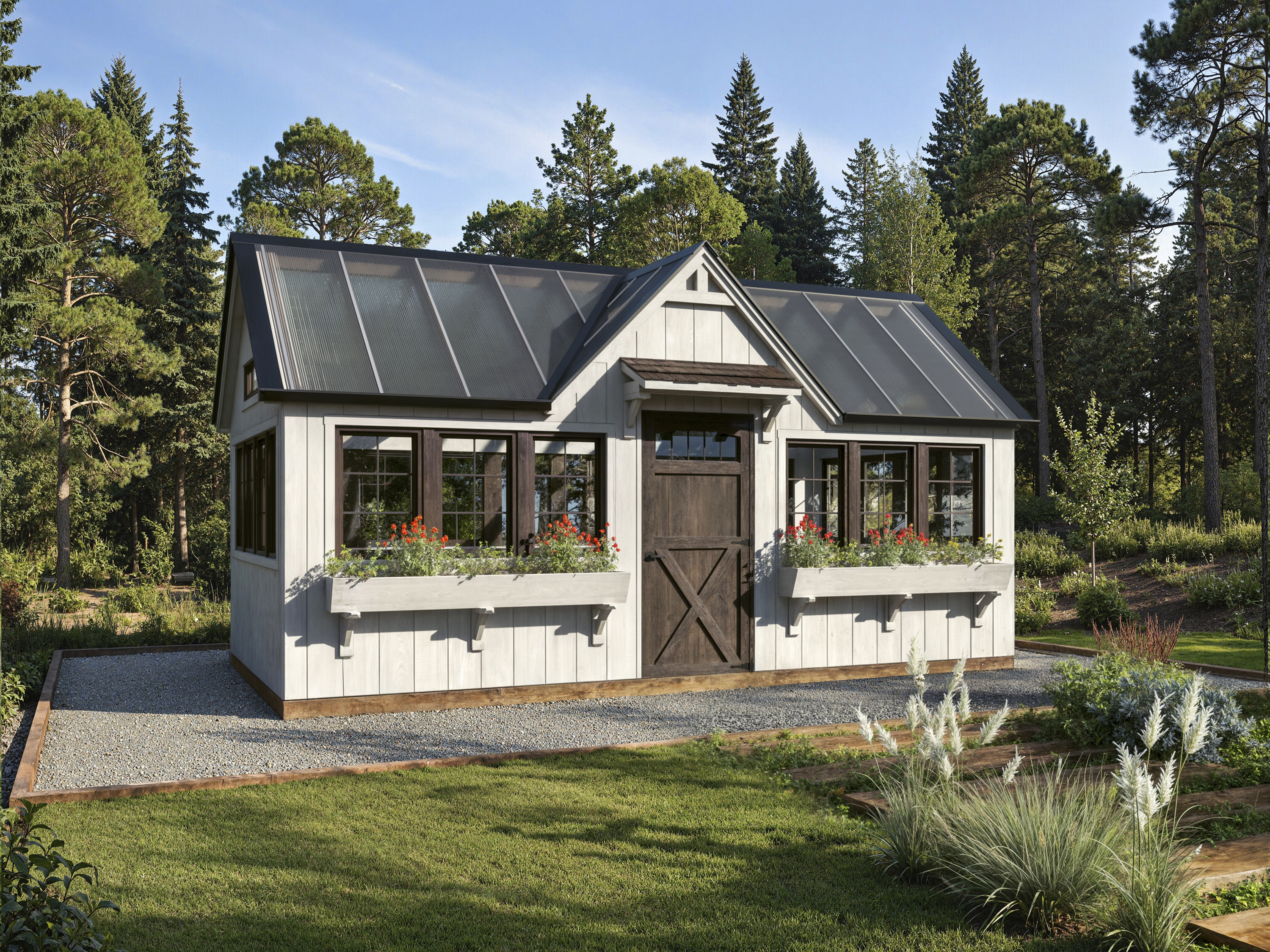Black cottage-style greenhouse with pergola porch