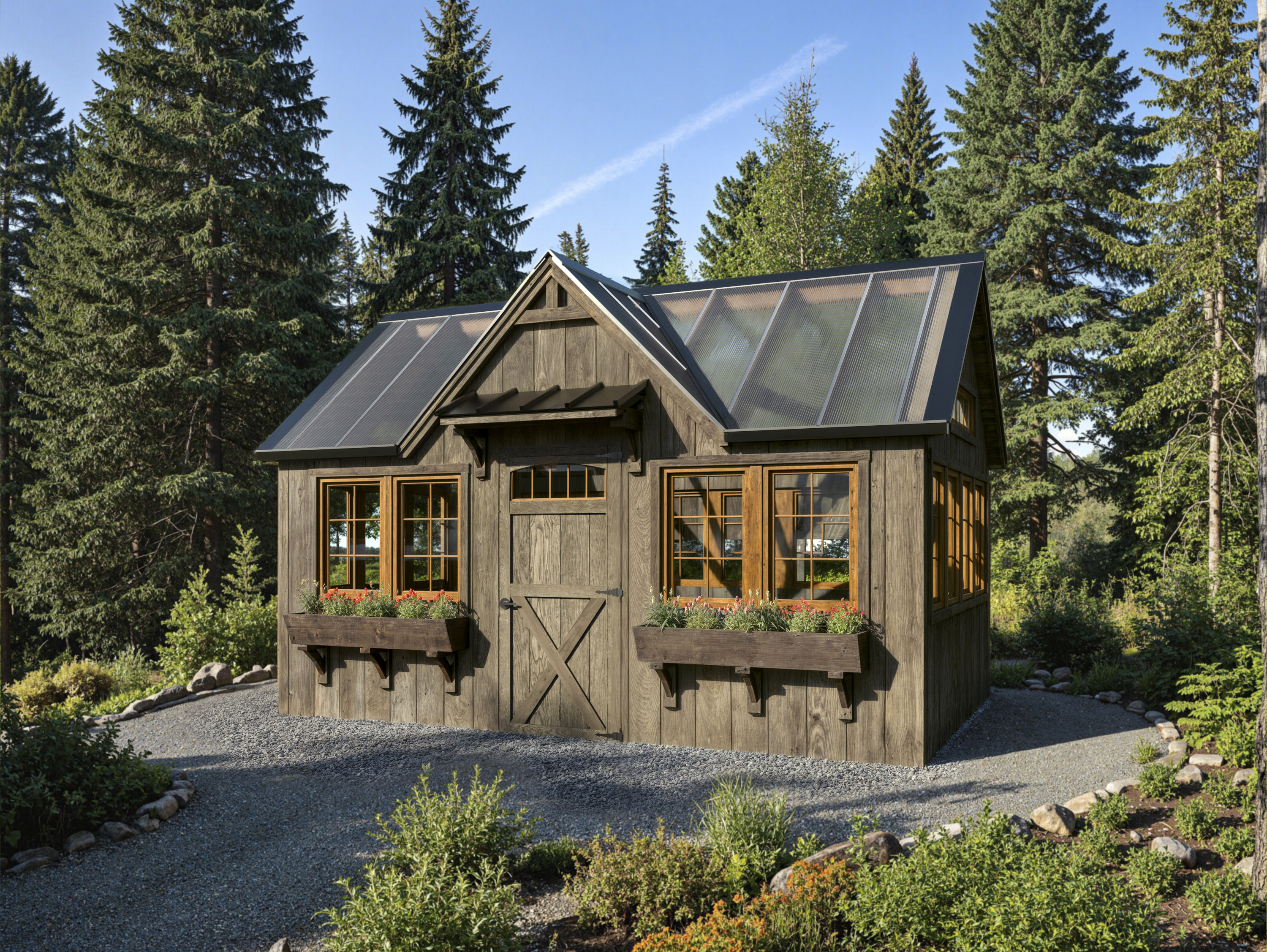 White and black greenhouse shed with pergola porch and raised garden beds