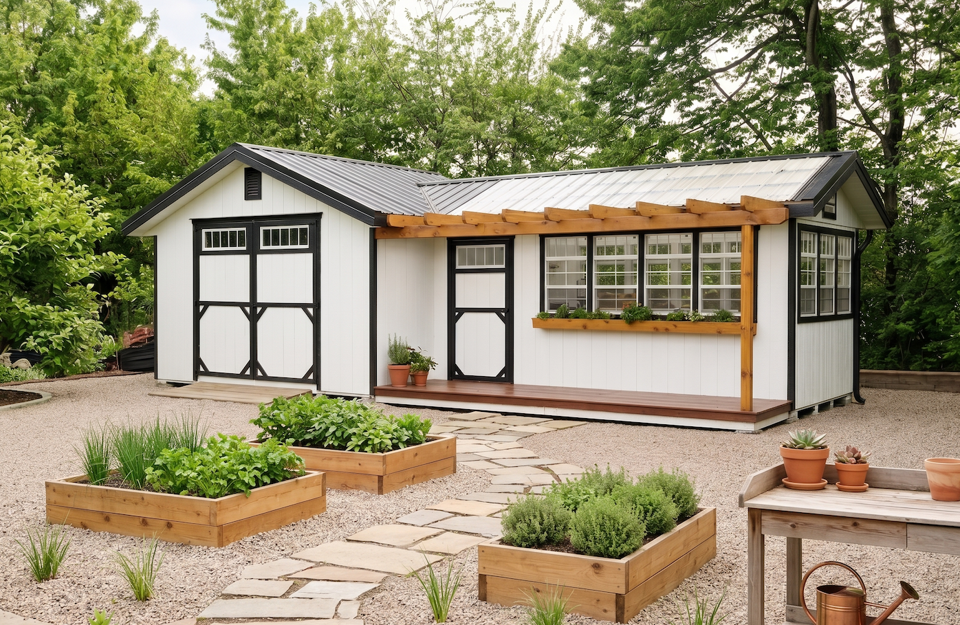 Weathered wood chalet greenhouse with dual gable roof and flower boxes in the woods