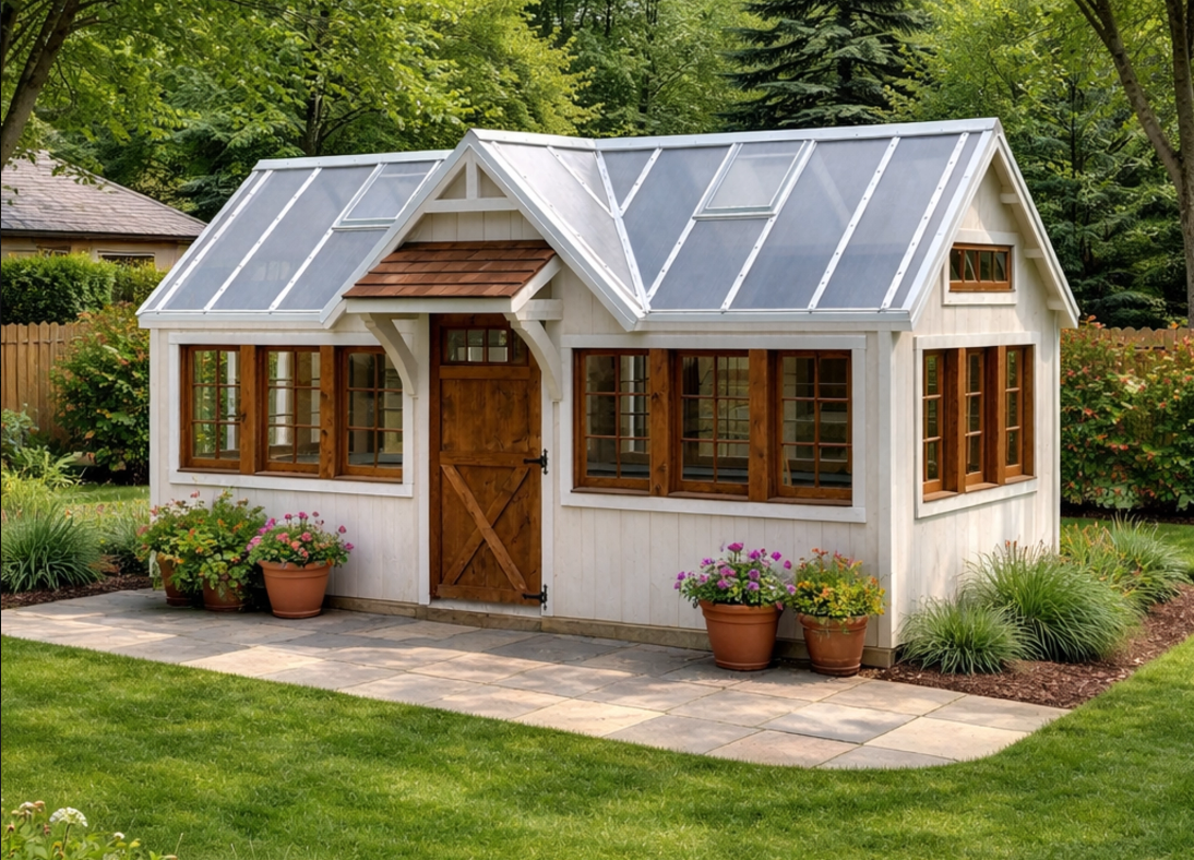 White farmhouse greenhouse shed with stone walkway and garden at dusk