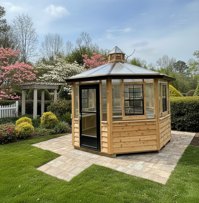 Large white-framed polycarbonate greenhouse with double doors in an open field
