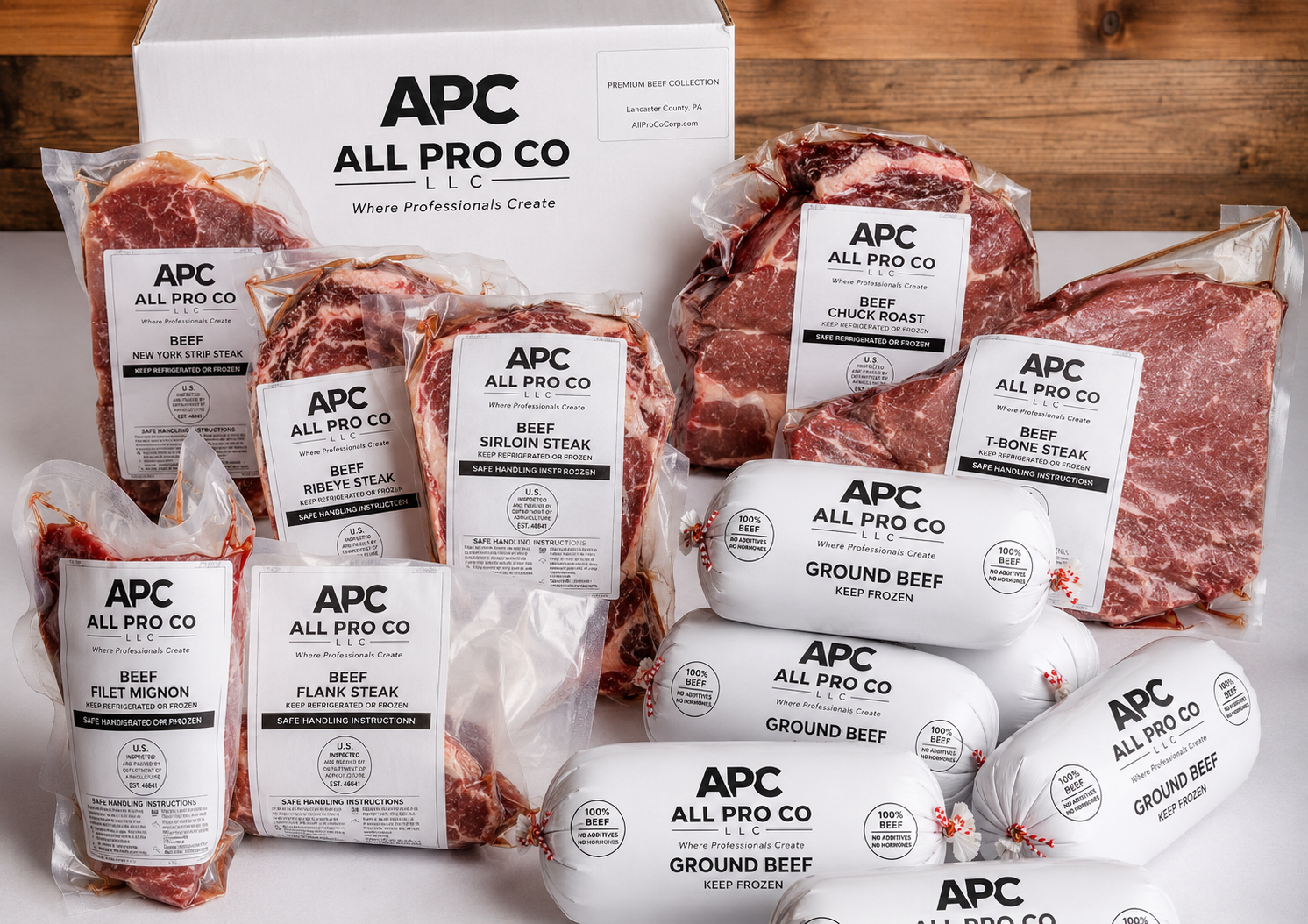 All Pro Co Pro Beef Box — ribeye, New York strip, sirloin, tenderloin, chuck roast, bottom round roast, and ground beef, individually vacuum-sealed and labeled
