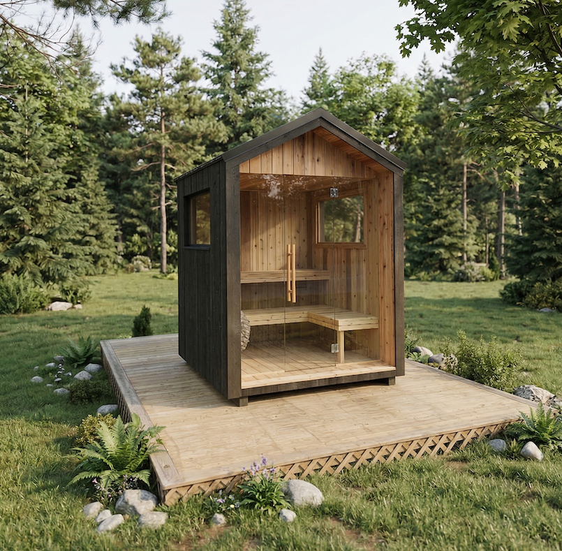 Modern outdoor sauna with glass front at sunset