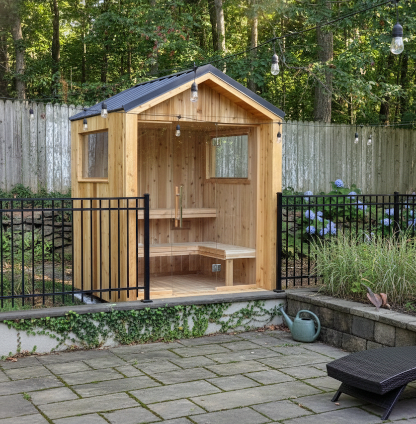 Black-clad modern cube sauna with glass front in a grassy backyard