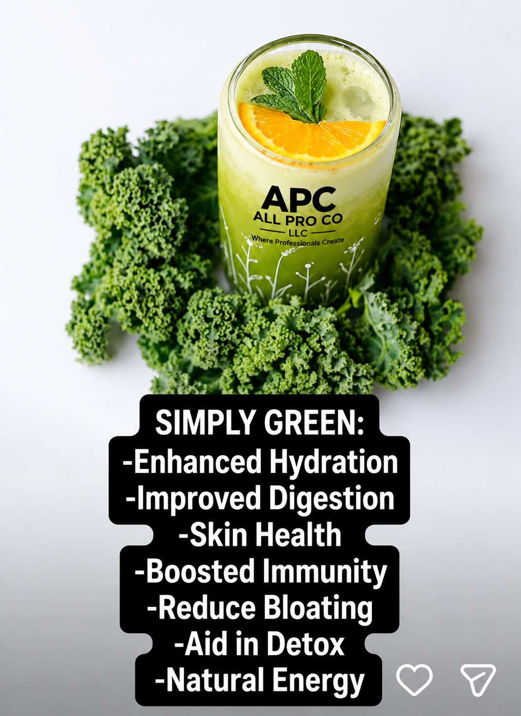 Simply Green raw pressed juice surrounded by fresh kale