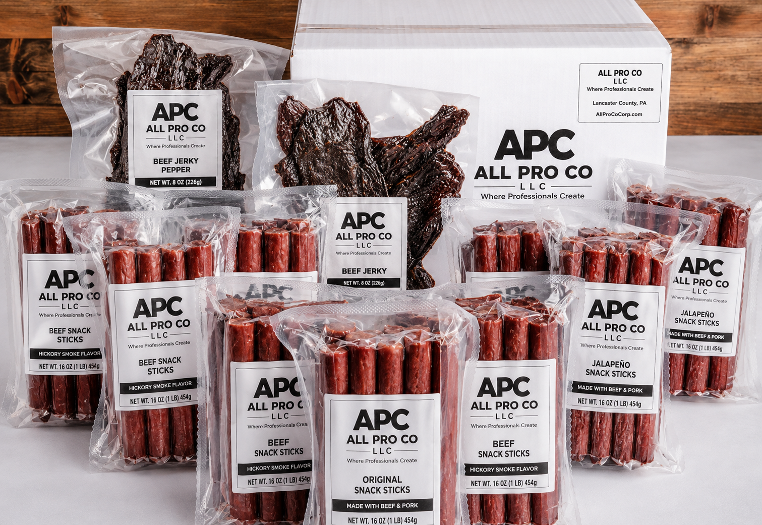 All Pro Co Snack Stick Sampler — hickory, peppered, sweet BBQ, original, jalapeño, garlic, spicy, and cheddar beef sticks, plus beef jerky and teriyaki beef jerky, individually vacuum-sealed and labeled